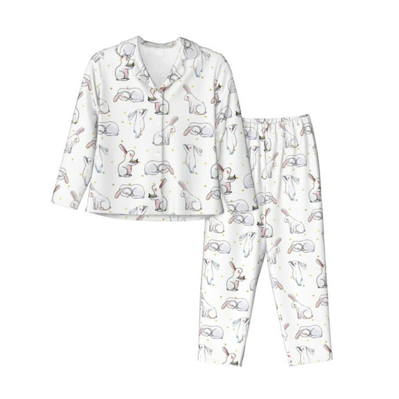 Logiee Rabbit Eating Print Womens Pajamas Set,Long Sleeve Sleepwear,Button Down Lounge Set 2 Pieces,Soft Nightwear Pjs Set-XX-Large