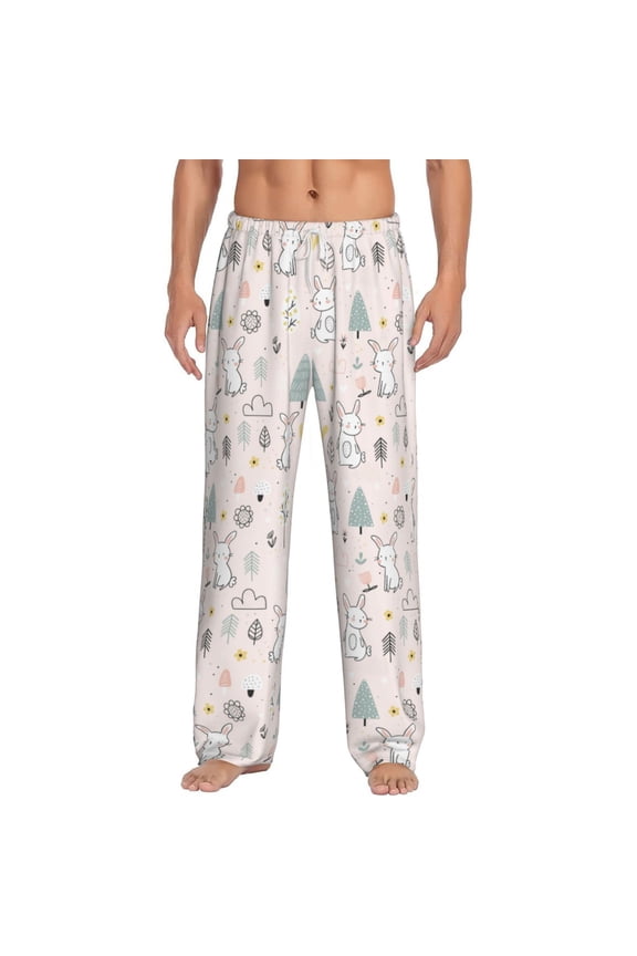 Rabbit Forest Print Pajama Pants for Men,Men’s Pajama Bottoms,Mens PJ Pants with Pockets & Button Fly-Medium