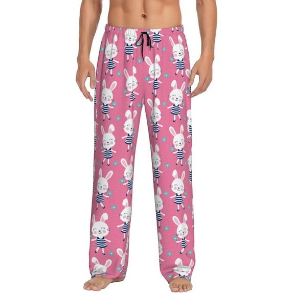 Logiee Rabbit Holding Flowers Print Pajama Pants for Men,Men’s Pajama Bottoms,Mens PJ Pants with Pockets & Button Fly-X-Large