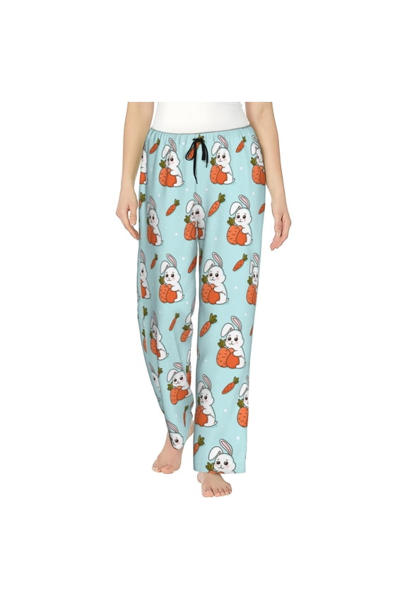 Rabbit Is Eating Carrots Print Women Pajama Pants,Comfy Pj Bottom with Pockets & Drawstring,Stretch Casual Sleepwear-Large