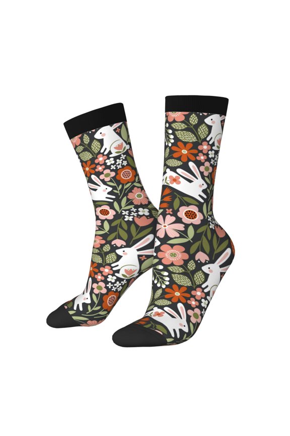Rabbits on Floral Print Adult Socks for Men & Women,Calf Socks, Ankle Socks,Boots Socks,Breathable Casual Sock,Unisex Crew Socks
