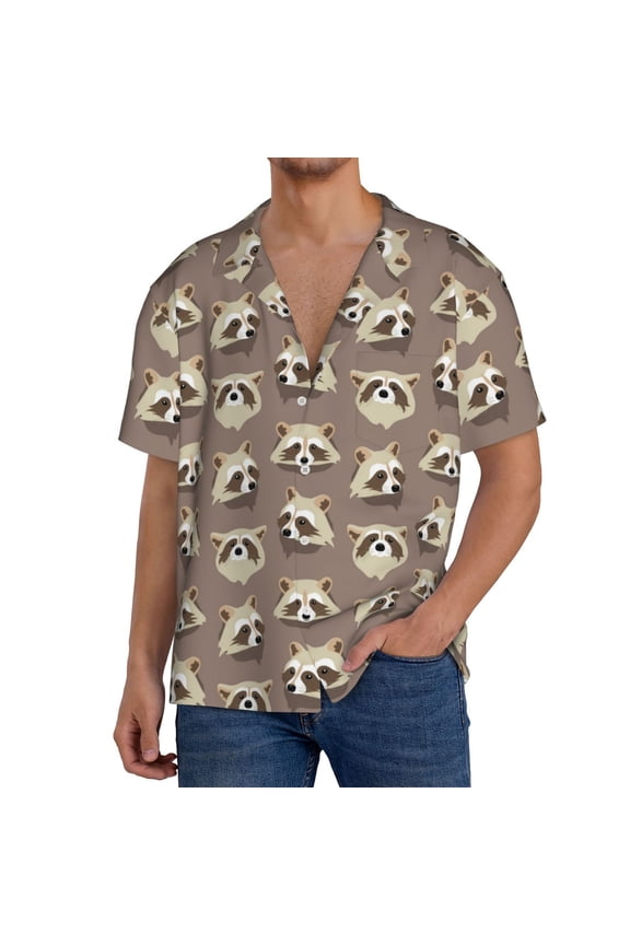 Raccoon Print Men's Button Down Shirts Short Sleeve, Summer Beach Shirts,Vacation Wedding Shirts,Men's Casual Button-Down Shirts with Pocket-Small