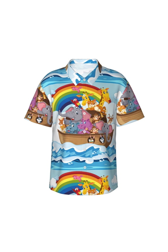 Rainbow Animals on Noah's Ark Print Mens Hawaiian Shirts,Loose-Fit Short Sleeve Button Down Tropical Aloha Beach Shirt,Summer Vacation Wedding Tops,Large