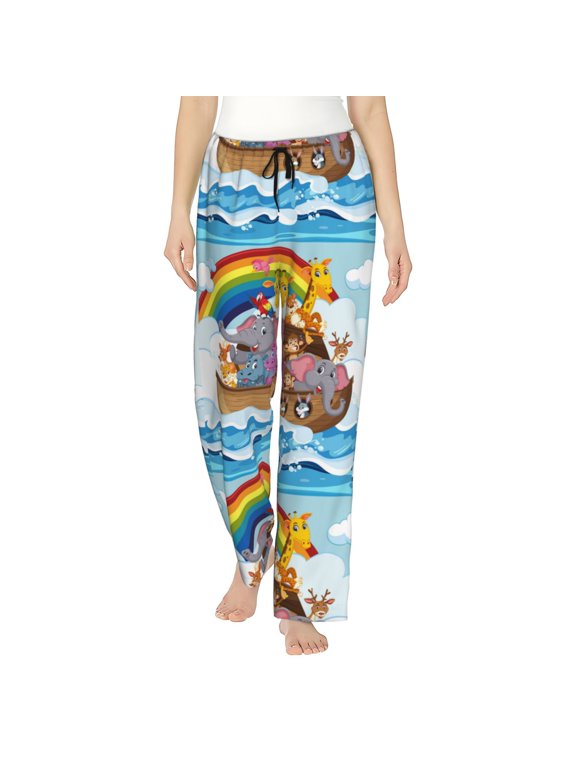 Rainbow Animals on Noah's Ark Print Women Pajama Pants,Comfy Pj Bottom with Pockets & Drawstring,Stretch Casual Sleepwear-Large