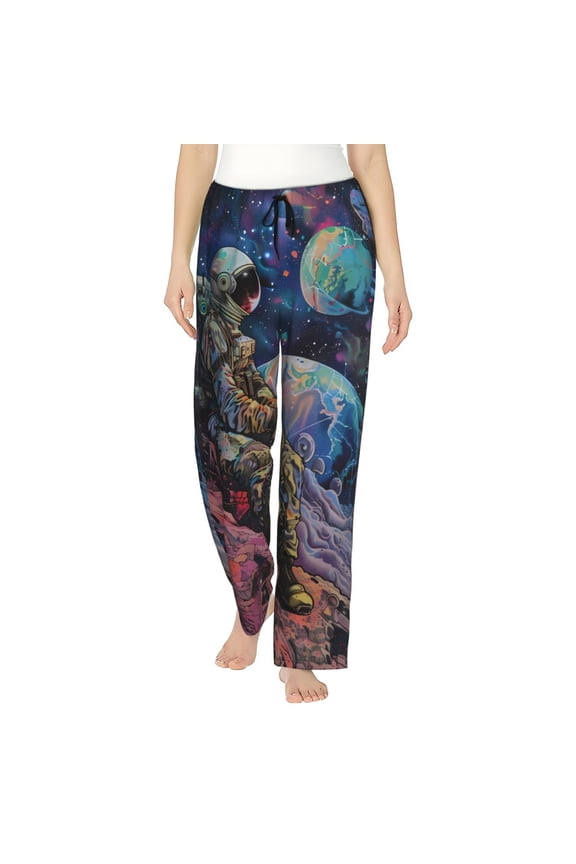 Rainbow Astronaut Space Landscape Print Women Pajama Pants,Comfy Pj Bottom with Pockets & Drawstring,Stretch Casual Sleepwear-Small
