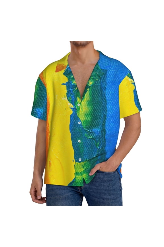 Rainbow Colored Print Men's Button Down Shirts Short Sleeve, Summer Beach Shirts,Vacation Wedding Shirts,Men's Casual Button-Down Shirts with Pocket-Large
