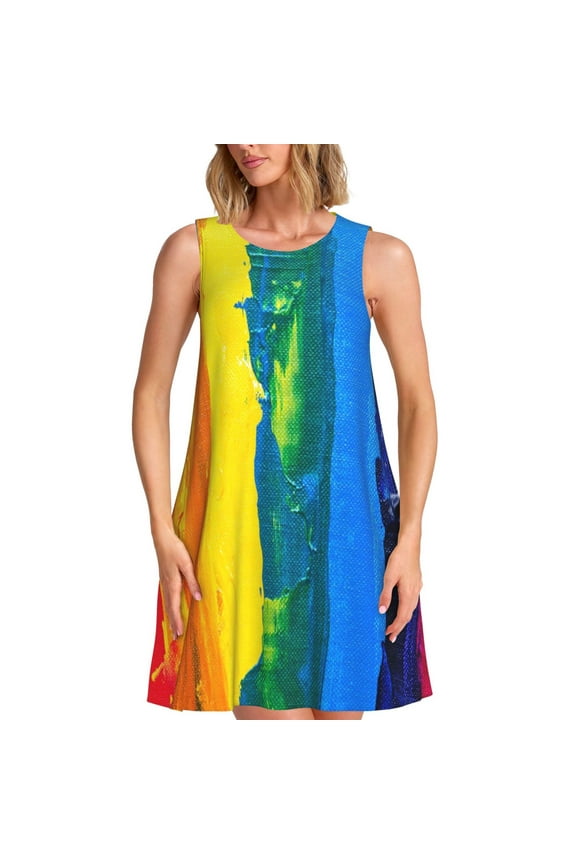 Rainbow Colored Print Summer Dresses for Women,Beach Sleeveless Flowy Pocket Tshirt Tank Sundresses,Women's Sleeveless Dress