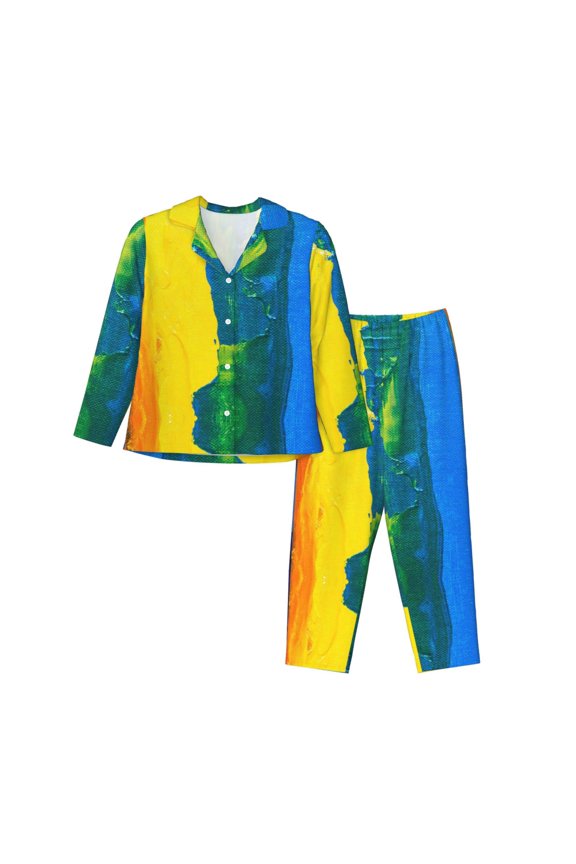 Rainbow Colored Print Womens Pajamas Set,Long Sleeve Sleepwear,Button Down Lounge Set 2 Pieces,Soft Nightwear Pjs Set-Small