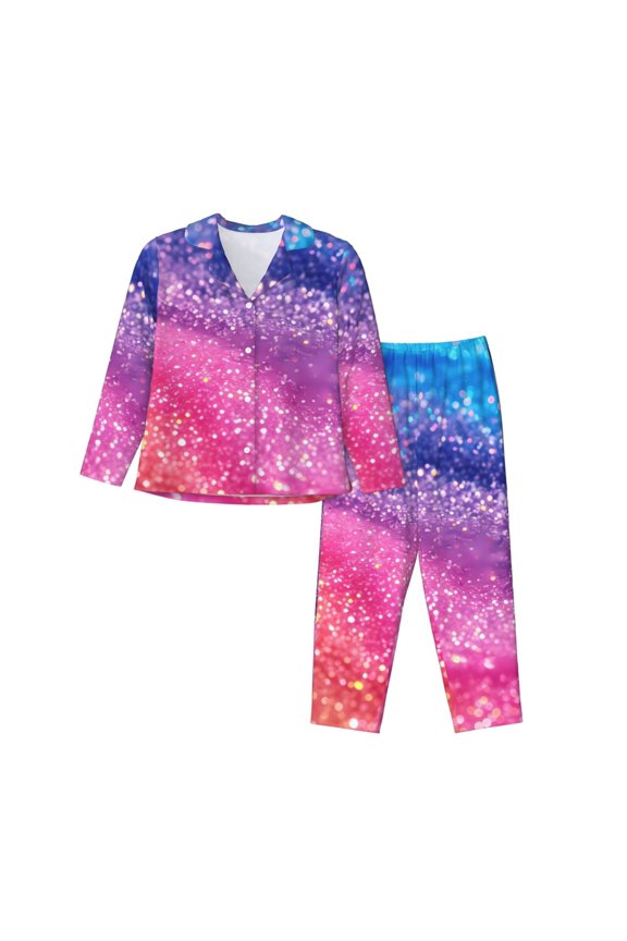 Rainbow Glitter Cute Print Womens Pajamas Set,Long Sleeve Sleepwear,Button Down Lounge Set 2 Pieces,Soft Nightwear Pjs Set-