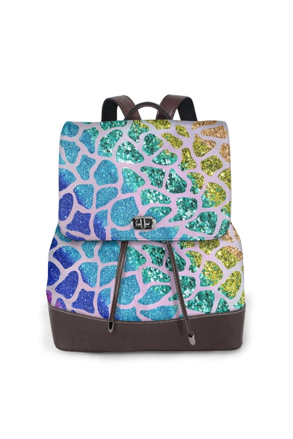 Rainbow Glitter Print Women's Leather Backpack,Travel Laptop Backpack,Fashion Ladies Leather Backpack Bag for Travel,Leather Drawstring Daypack for Me