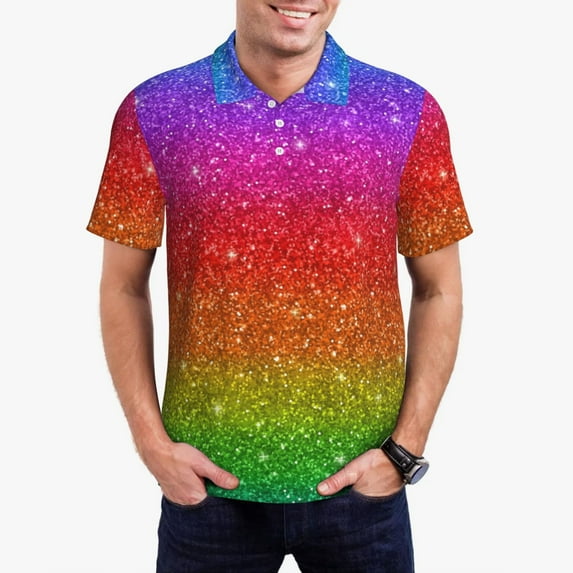 Logiee Rainbow Glitter Print Mens Polo Shirts,Mens Golf Polo Shirts,Short Sleeve Casual Polo Shirts for Men,Summer Fashion Beach Shirts-4X-Large