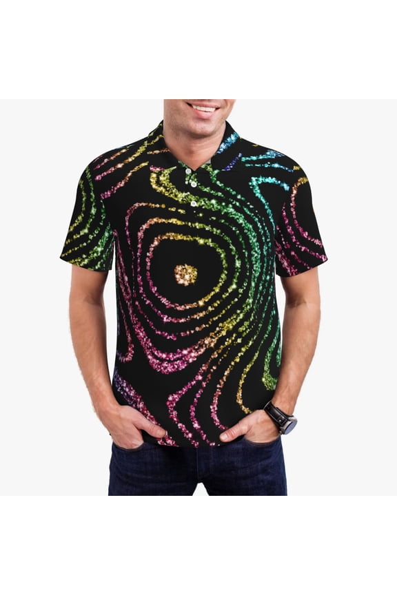 Rainbow Glitter Print Mens Polo Shirts,Mens Golf Polo Shirts,Short Sleeve Casual Polo Shirts for Men,Summer Fashion Beach Shirts-Large