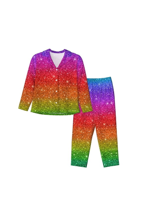 Rainbow Glitter Print Womens Pajamas Set,Long Sleeve Sleepwear,Button Down Lounge Set 2 Pieces,Soft Nightwear Pjs Set-Medium