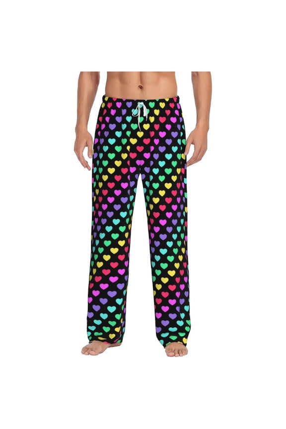 Rainbow Hearts Print Pajama Pants for Men,Men’s Pajama Bottoms,Mens PJ Pants with Pockets & Button Fly-Medium