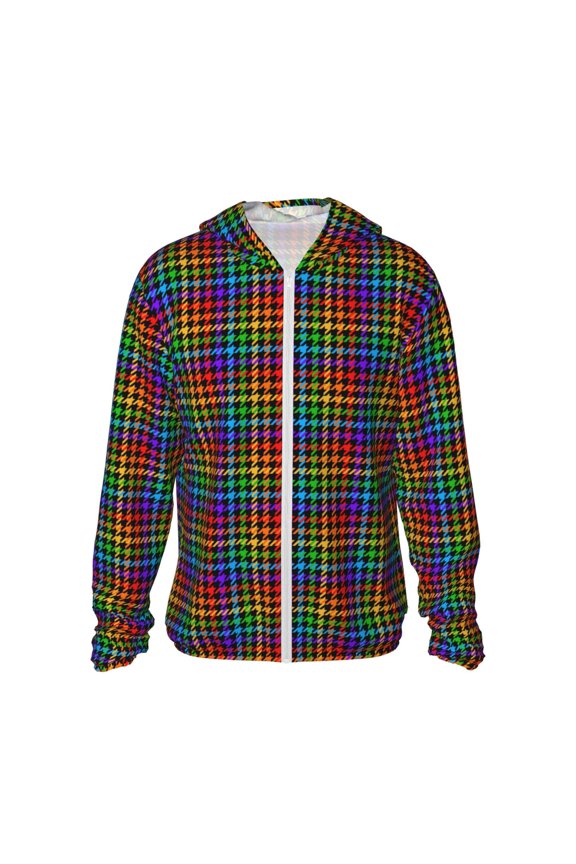 Rainbow Houndstooth Print Men's Women Light Jacket Full Zip Sun Protection Hoodie Long Sleeve Sun Shirts for Men Hiking Fishing Zip Pockets-XX-Large