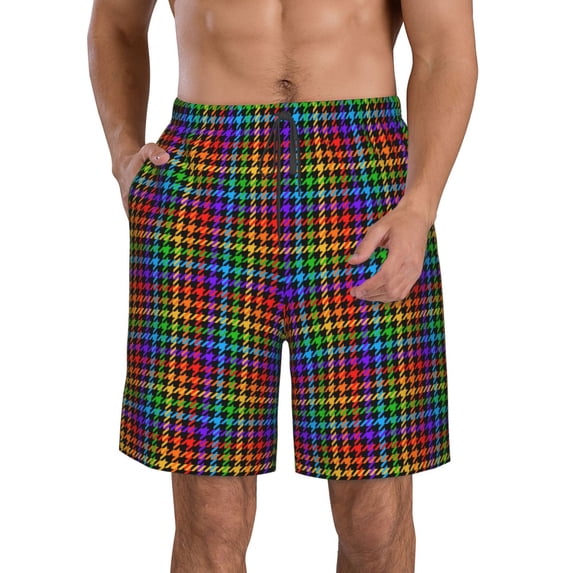 Logiee Rainbow Houndstooth Print Mens Swim Trunks Quick Dry Board Shorts,Breathable Hawaii Beach Shorts Swimwear Bathing Suits-X-Large