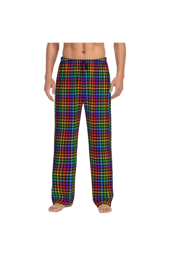 Rainbow Houndstooth Print Pajama Pants for Men,Men’s Pajama Bottoms,Mens PJ Pants with Pockets & Button Fly-Small