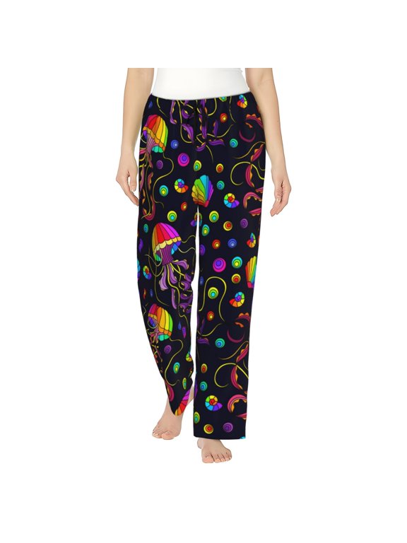 Rainbow Jellyfishes Print Women Pajama Pants,Comfy Pj Bottom with Pockets & Drawstring,Stretch Casual Sleepwear-Small
