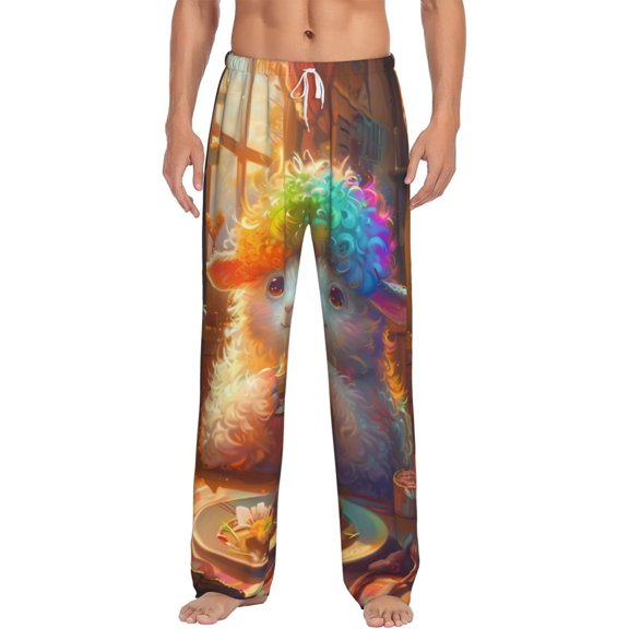Logiee Rainbow Lamb Breakfast Print Pajama Pants for Men,Men’s Pajama Bottoms,Mens PJ Pants with Pockets & Button Fly-Large