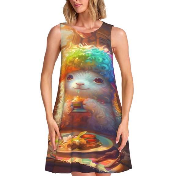 Logiee Rainbow Lamb Breakfast Print Summer Dresses for Women,Beach Sleeveless Flowy Pocket Tshirt Tank Sundresses,Women's Sleeveless Dress