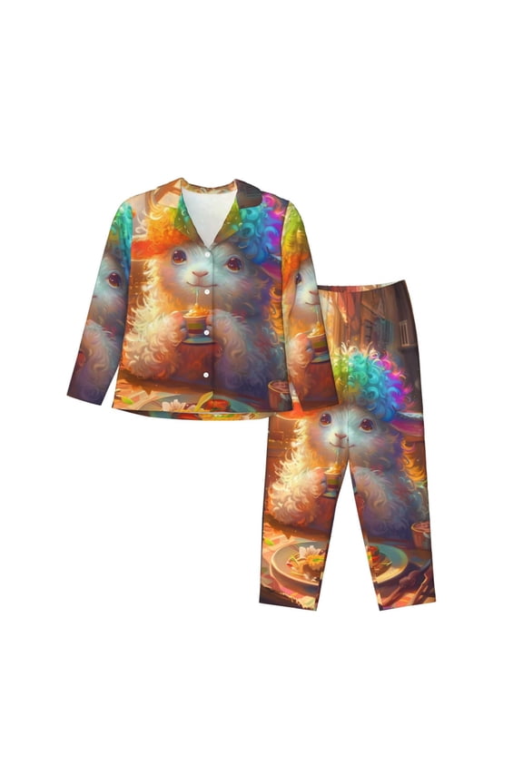Rainbow Lamb Breakfast Print Womens Pajamas Set,Long Sleeve Sleepwear,Button Down Lounge Set 2 Pieces,Soft Nightwear Pjs Set-Medium