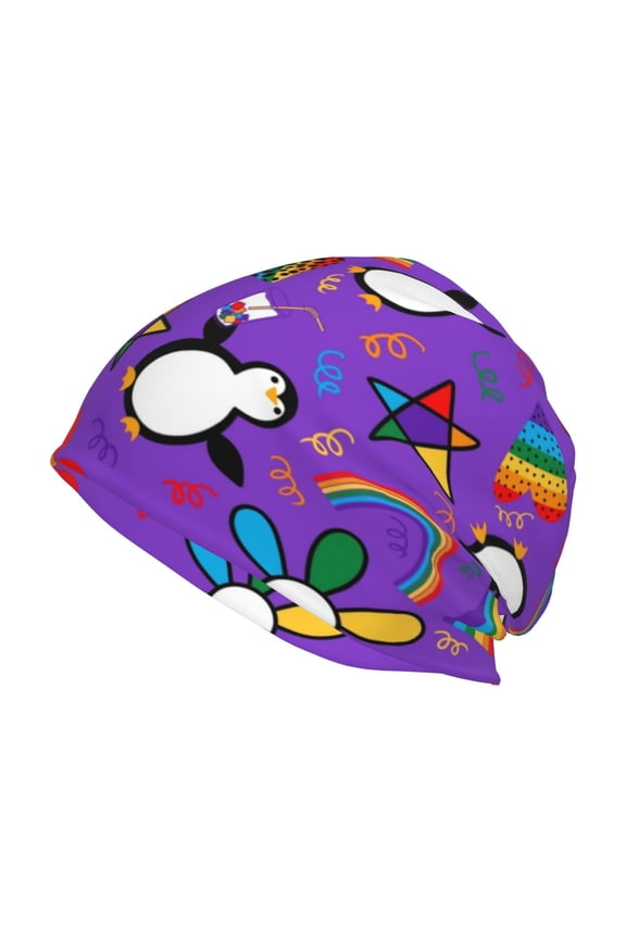 Rainbow Lgbt Penguin Print Unisex Knit Beanie for Men Women Winter Hat,Beanies Skull Caps