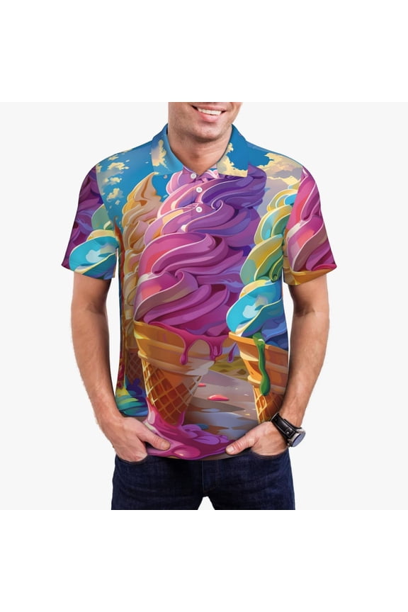 Rainbow Melting Ice Cream Print Mens Polo Shirts,Mens Golf Polo Shirts,Short Sleeve Casual Polo Shirts for Men,Summer Fashion Beach Shirts-Small