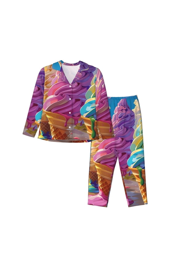 Rainbow Melting Ice Cream Print Womens Pajamas Set,Long Sleeve Sleepwear,Button Down Lounge Set 2 Pieces,Soft Nightwear Pjs Set-X-Large