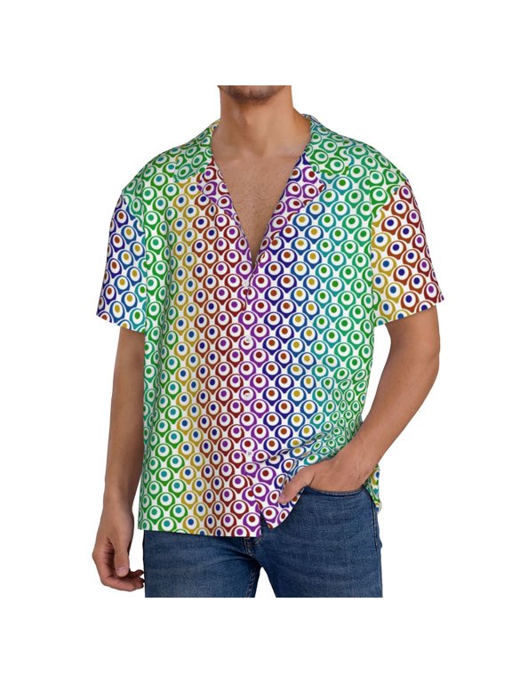 Rainbow Peacock Feathers Print Men's Button Down Shirts Short Sleeve, Summer Beach Shirts,Vacation Wedding Shirts,Men's Casual Button-Down Shirts with Pocket-X-Large
