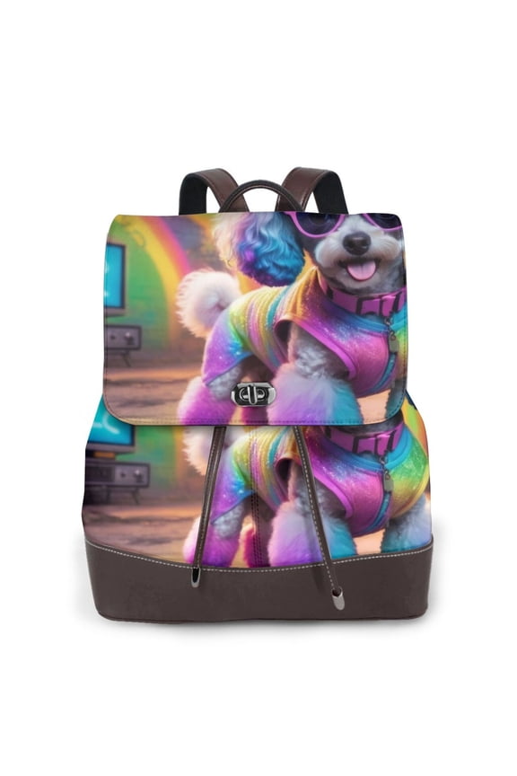 Logiee Rainbow Poodle Urban Street Print Backpack Purse for Women,Fashion Leather Backpack Purse,Women's Leather Backpack for Work College Travel