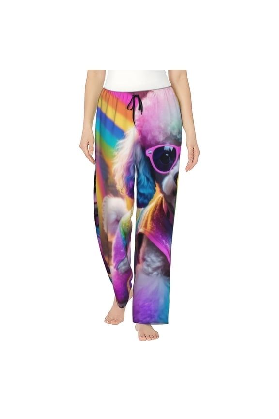 Rainbow Poodle Urban Street Print Women Pajama Pants,Comfy Pj Bottom with Pockets & Drawstring,Stretch Casual Sleepwear-X-Large