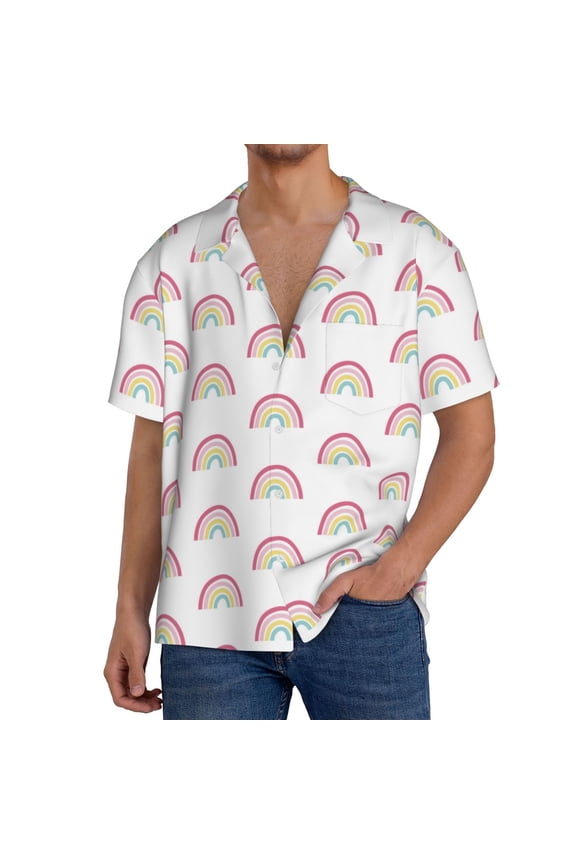 Rainbow Print Men's Button Down Shirts Short Sleeve, Summer Beach Shirts,Vacation Wedding Shirts,Men's Casual Button-Down Shirts with Pocket-Large