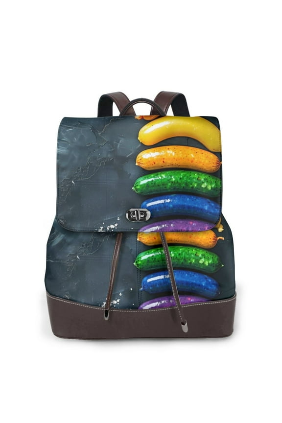 Logiee Rainbow Sausages On Dark Slate Print Backpack Purse for Women,Fashion Leather Backpack Purse,Women's Leather Backpack for Work College Travel