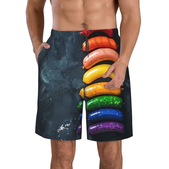 Logiee Rainbow Sausages On Dark Slate Print Mens Swim Trunks Quick Dry Board Shorts,Breathable Hawaii Beach Shorts Swimwear Bathing Suits-Medium