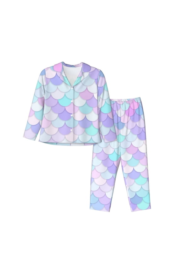 Rainbow Scales Print Womens Pajamas Set,Long Sleeve Sleepwear,Button Down Lounge Set 2 Pieces,Soft Nightwear Pjs Set-X-Large