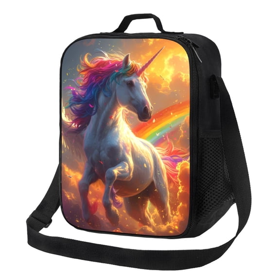 Logiee Rainbow Sunset Cloud White Horse Print Insulated Lunch Bag for Women/Men, Reusable Lunch Box for Office Work School Picnic Beach,Leakproof Freezable Cooler Bag with Shoulder Strap
