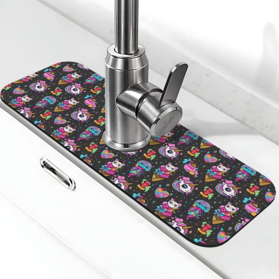 Logiee Rainbow Unicorn And Cat Icecream Print Kitchen Sink Splash Guard Faucet Mat for Splash Guard Behind Faucet Drip Catcher for Kitchen,Bathroom,Sink Mat,Dish Drying Mat,Bathroom-15" X 5.5"