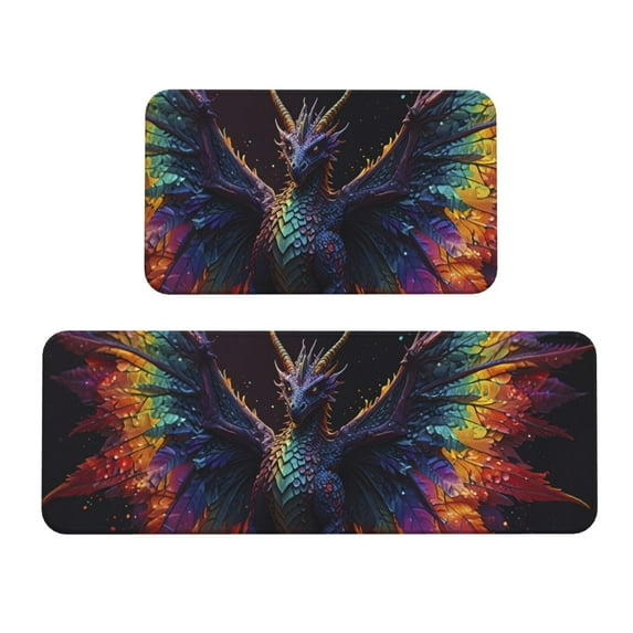 Logiee Rainbow Wings Majestic Dragon Print Kitchen Mats for Floor Sets of 2,Waterproof Kitchen Rugs,Non Slip Comfort Standing Mat Rug for Home,Runner,Sink,Office,Laundry