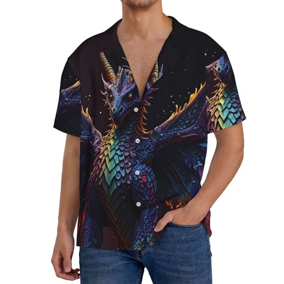 Logiee Rainbow Wings Majestic Dragon Print Men's Button Down Shirts Short Sleeve, Summer Beach Shirts,Vacation Wedding Shirts,Men's Casual Button-Down Shirts with Pocket-Large