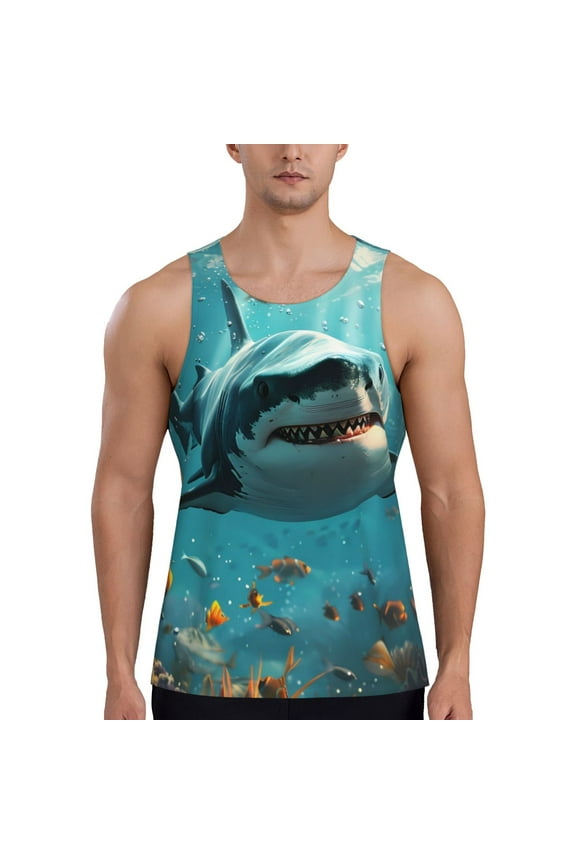 Realistic Ocean Shark Print Men's Workout Tank Top,Quick Dry Workout Tank Top,Gym Muscle Tee,Fitness Bodybuilding Sleeveless T Shirt-