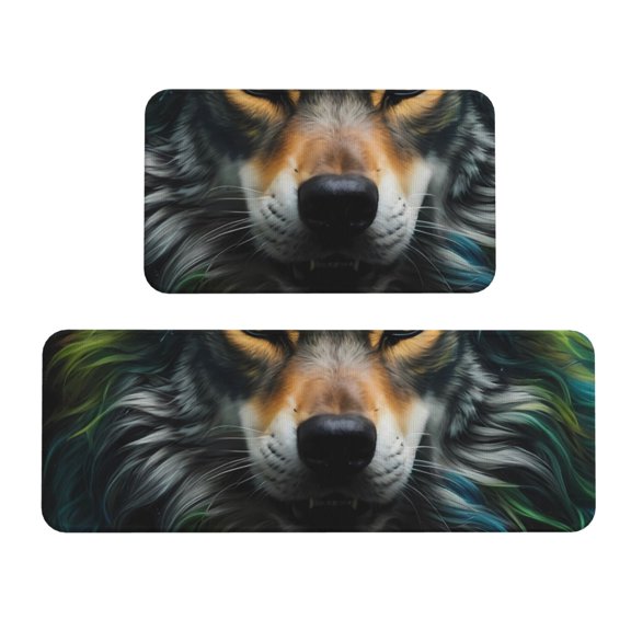 Logiee Realistic Style Colorful Wolf Print Kitchen Mats for Floor Sets of 2,Waterproof Kitchen Rugs,Non Slip Comfort Standing Mat Rug for Home,Runner,Sink,Office,Laundry
