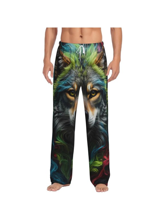 Realistic Style Colorful Wolf Print Pajama Pants for Men,Men’s Pajama Bottoms,Mens PJ Pants with Pockets & Button Fly-3X-Large