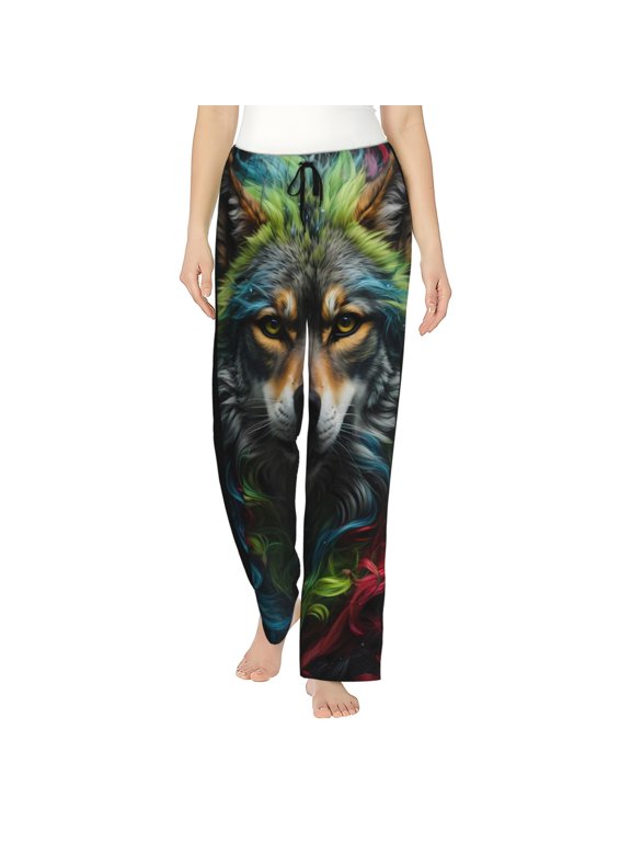 Realistic Style Colorful Wolf Print Women Pajama Pants,Comfy Pj Bottom with Pockets & Drawstring,Stretch Casual Sleepwear-XX-Large