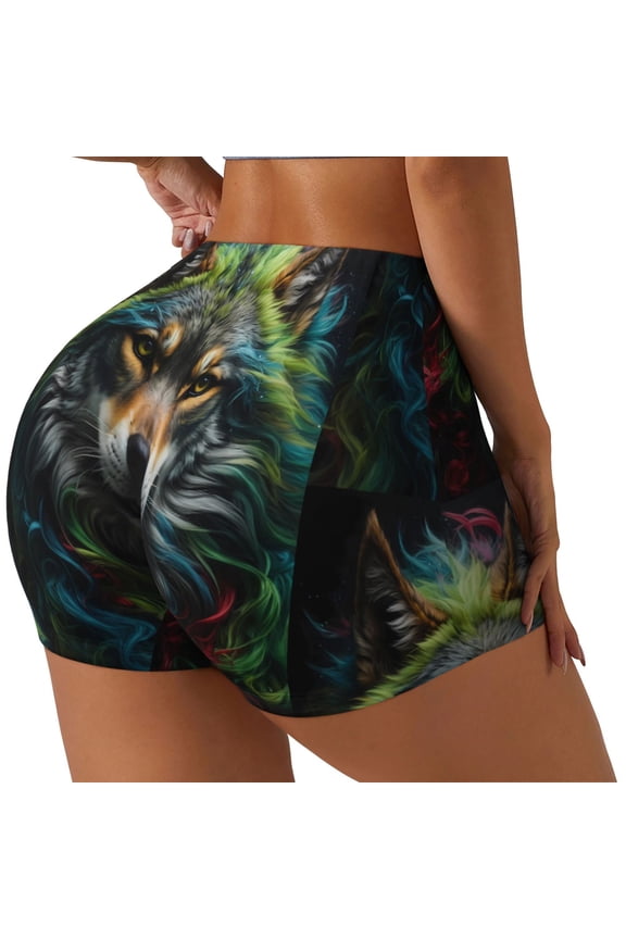 Realistic Style Colorful Wolf Print Women's Biker Shorts,Workout Gym Shorts,Scrunch Shorts,Tummy Control Hidden Scrunch Running Yoga Shorts-X-Large