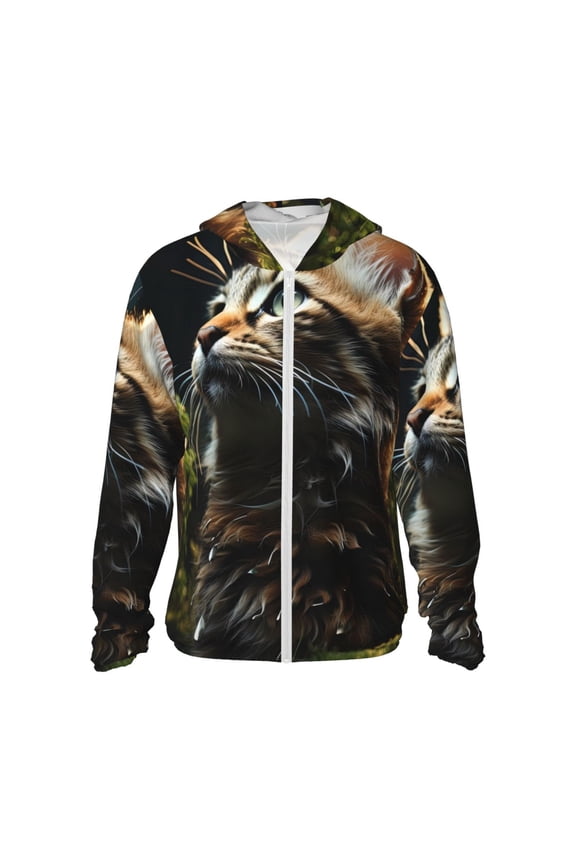 Realistic Style Cute Cat Print Men's Women Light Jacket Full Zip Sun Protection Hoodie Long Sleeve Sun Shirts for Men Hiking Fishing Zip Pockets-Large