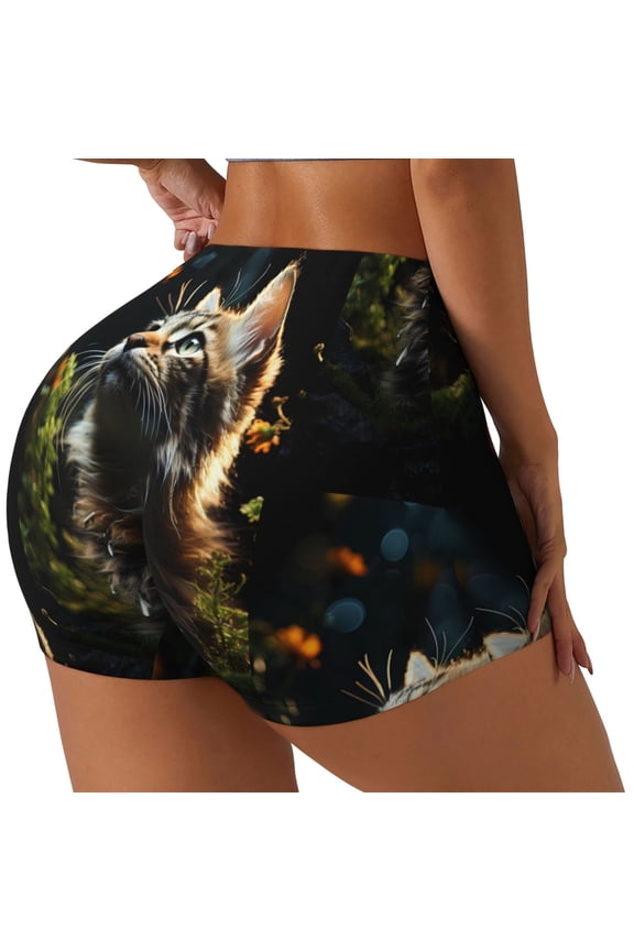 Realistic Style Cute Cat Print Women's Biker Shorts,Workout Gym Shorts,Scrunch Shorts,Tummy Control Hidden Scrunch Running Yoga Shorts-Medium