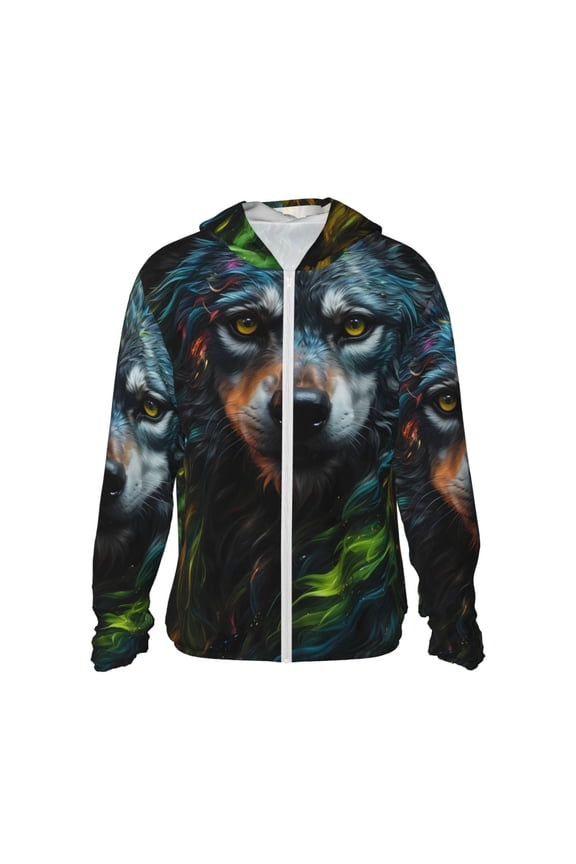 Realistic Style Green Fur Wolf Print Men's Women Light Jacket Full Zip Sun Protection Hoodie Long Sleeve Sun Shirts for Men Hiking Fishing Zip Pockets-Medium