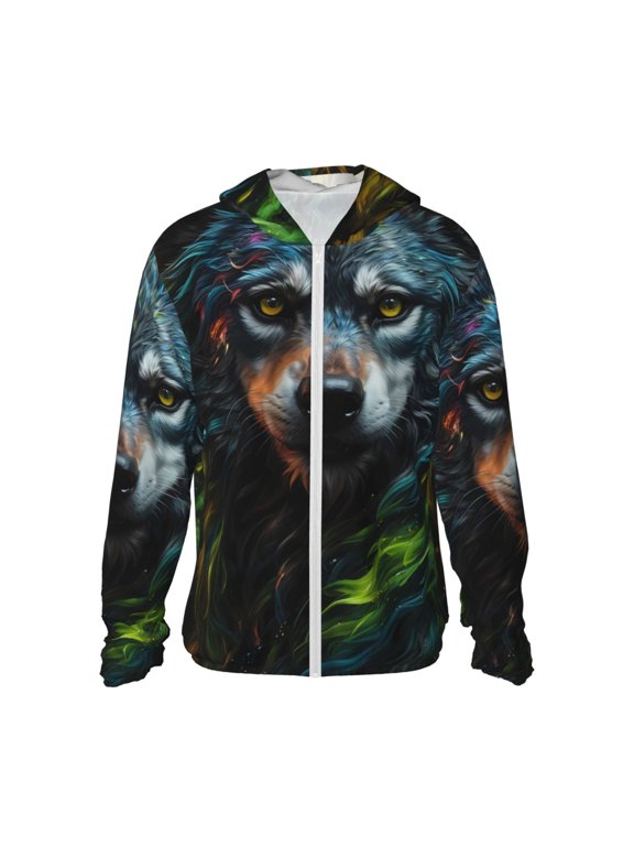 Realistic Style Green Fur Wolf Print Men's Women Light Jacket Full Zip Sun Protection Hoodie Long Sleeve Sun Shirts for Men Hiking Fishing Zip Pockets-X-Large