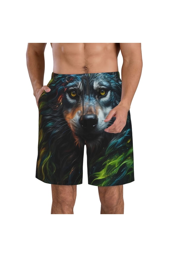Realistic Style Green Fur Wolf Print Mens Swim Trunks Quick Dry Board Shorts,Breathable Hawaii Beach Shorts Swimwear Bathing Suits-Small