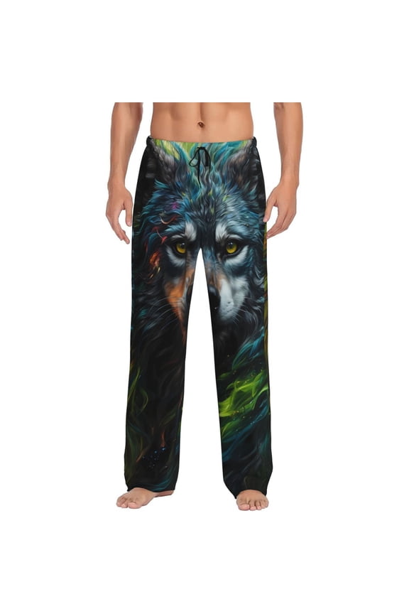 Realistic Style Green Fur Wolf Print Pajama Pants for Men,Men’s Pajama Bottoms,Mens PJ Pants with Pockets & Button Fly-X-Large